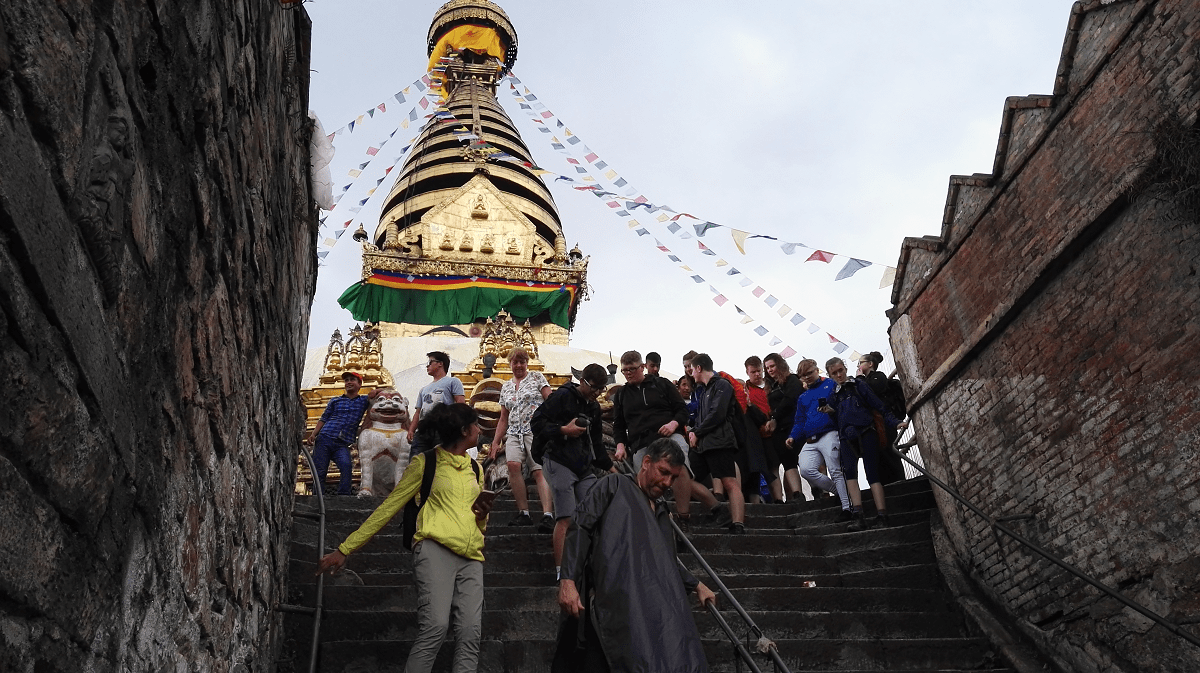 Volunteers from Mary Hare School visiting the Monkey Temple in Kathmandu, Nepal, on a trip with VoluntEars