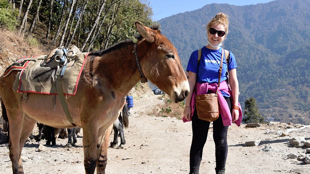 Karolina standing by a donkey on the trek during her Nepal trip with VoluntEars
