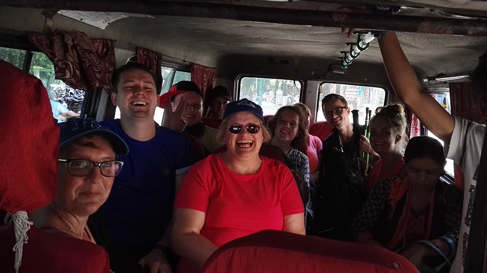 Sandra taking a local bus in Pokhara during her Nepal trip with VoluntEars