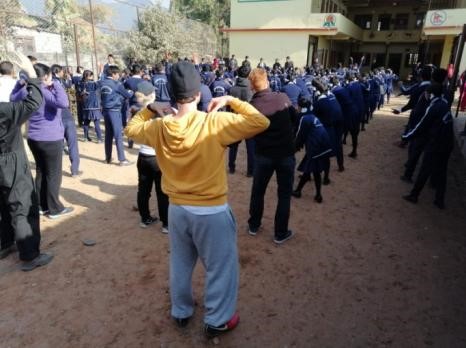 Morning exercises with students at a Deaf school in Nepal
