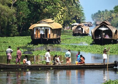 Traditional wooden boats on the backwaters in Kerala, south India