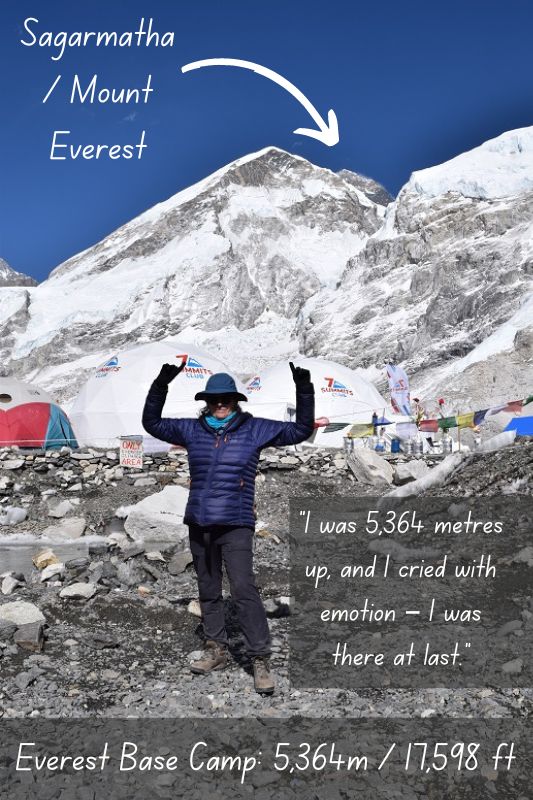 Judy Newsome at Everest Base Camp on her trip with VoluntEars in May 2023