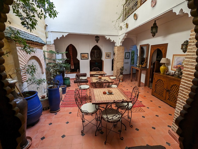 Dining tables in a traditional riad in Morocco