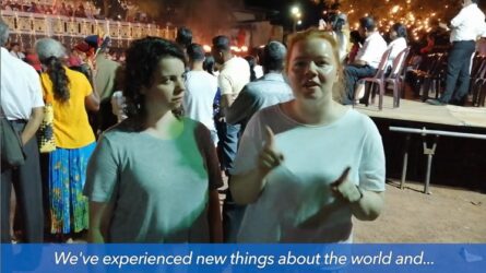 Kate and Lauren at a Perhahera festival in a temple in Sri Lanka