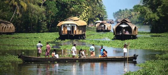 Traditional wooden boats on the backwaters in Kerala, south India